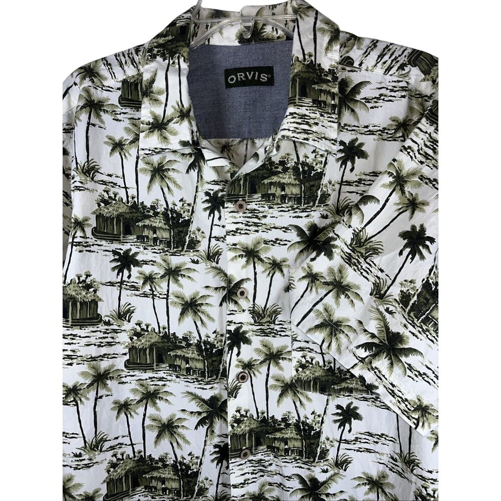 Orvis Shirt Mens Large Hawaiian Palm Short Sleeve Button Up Casual White Green